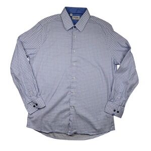 Duchamp London Dress Shirt Mens XL Blue White Grid Check Cotton Blend Slim Fit